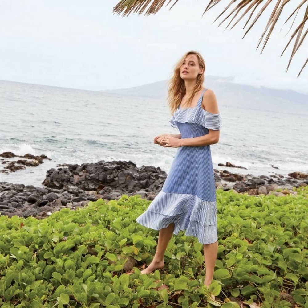 NEW J. Crew Striped Cold Shoulder Midi Silk Dress